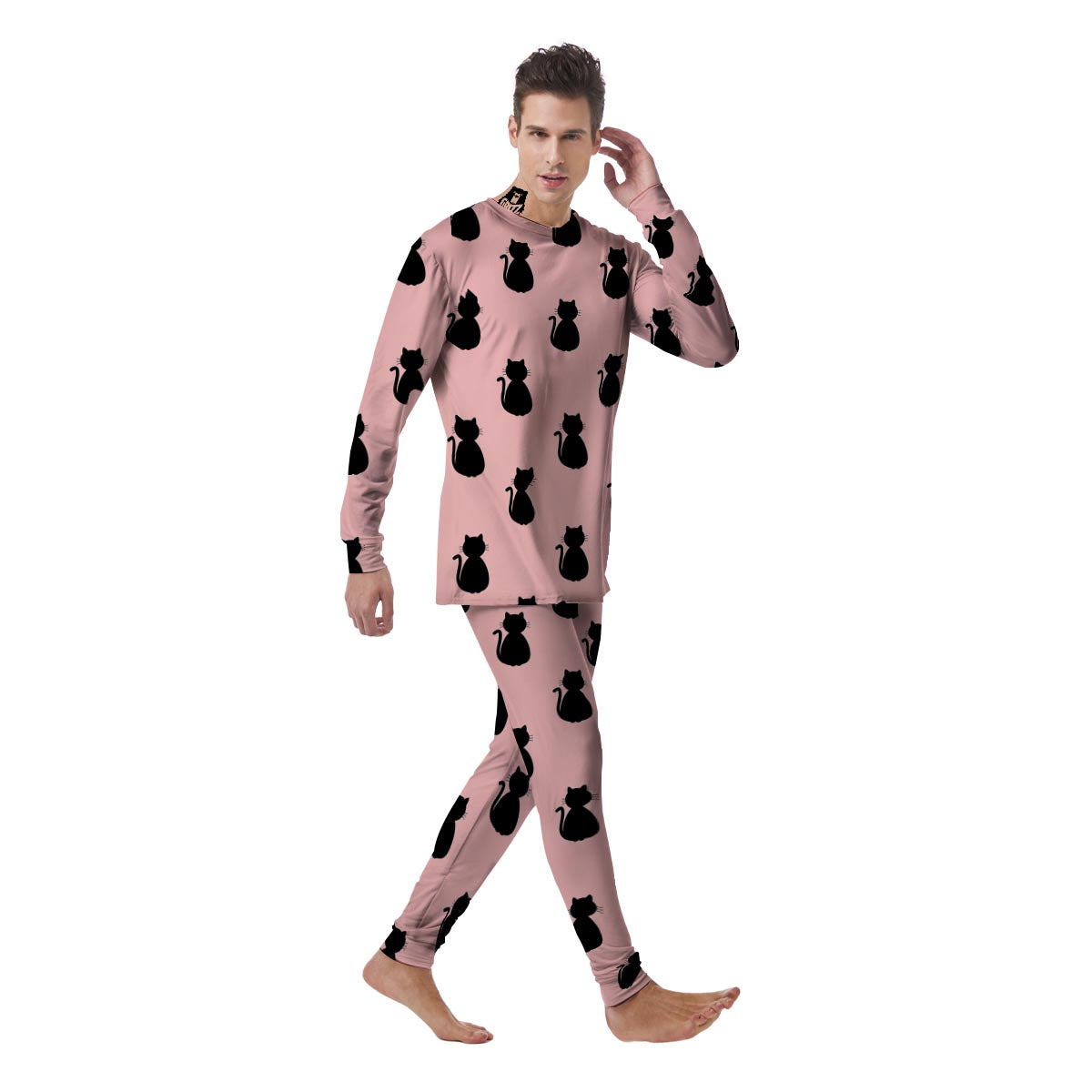 Pink Silhouette Cat Print Men's Pajamas-grizzshop