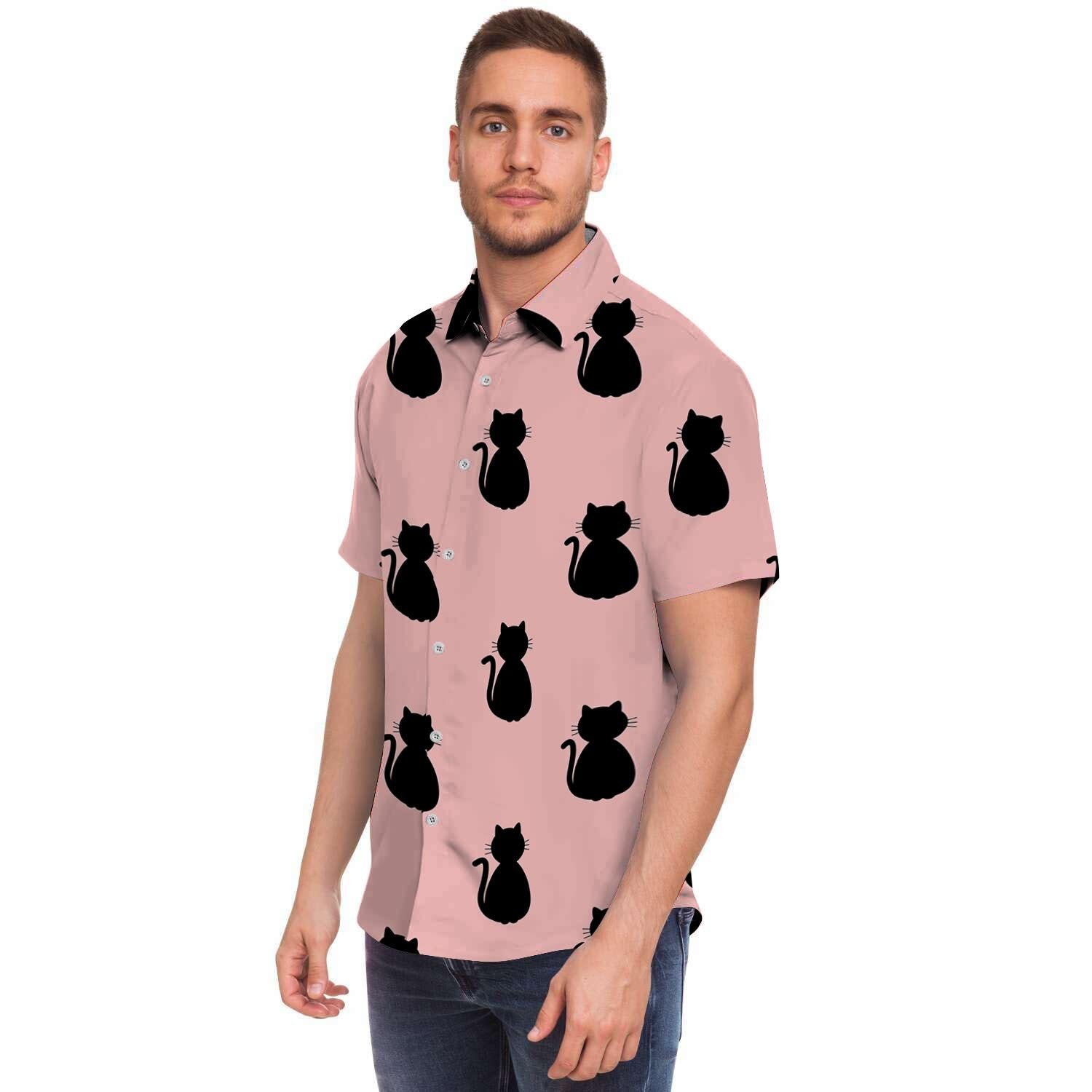 Pink Silhouette Cat Print Men's Short Sleeve Shirt-grizzshop