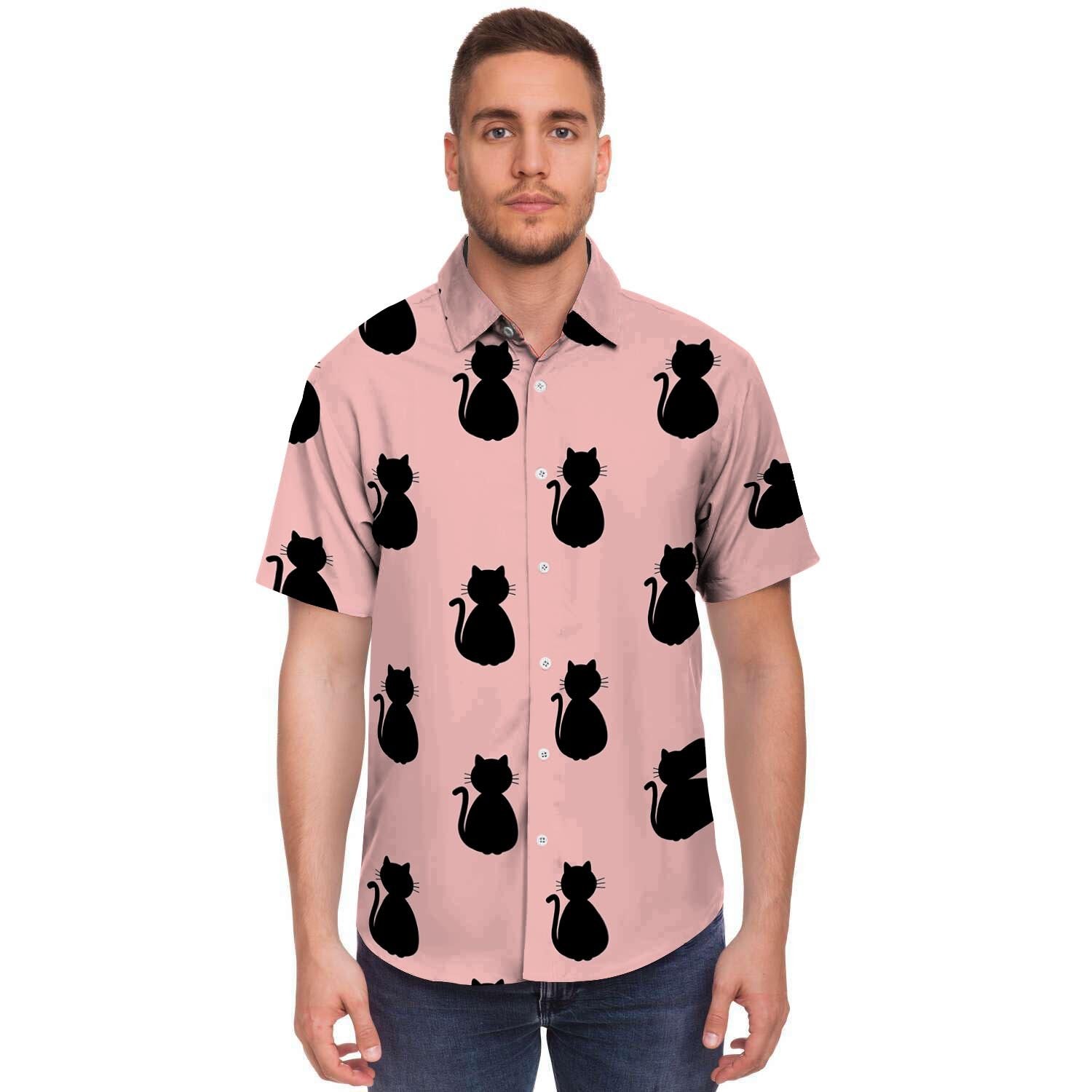 Pink Silhouette Cat Print Men's Short Sleeve Shirt-grizzshop