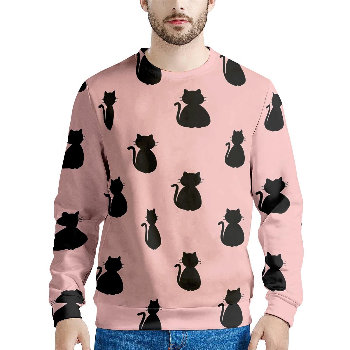 Pink Silhouette Cat Print Men's Sweatshirt-grizzshop