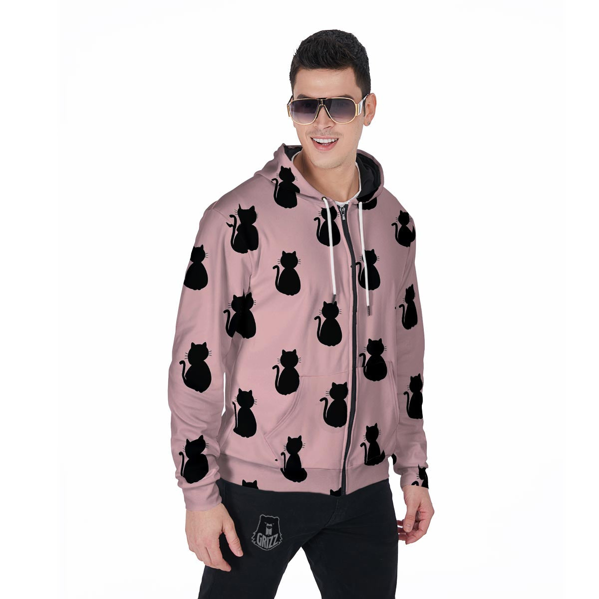 Pink Silhouette Cat Print Men's Zip Up Hoodie-grizzshop