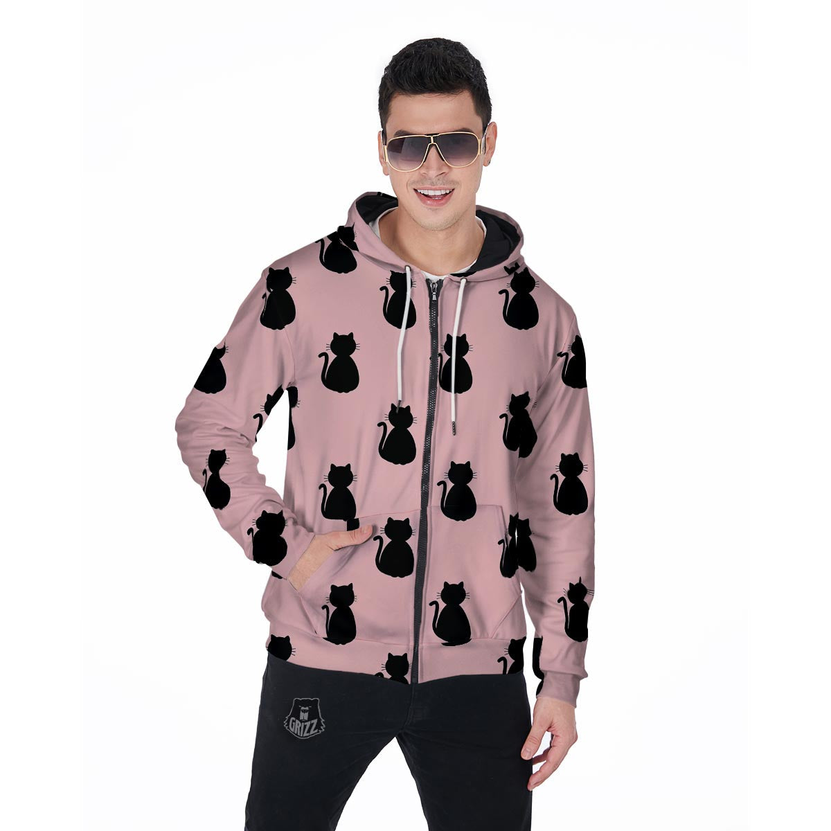 Pink Silhouette Cat Print Men's Zip Up Hoodie-grizzshop