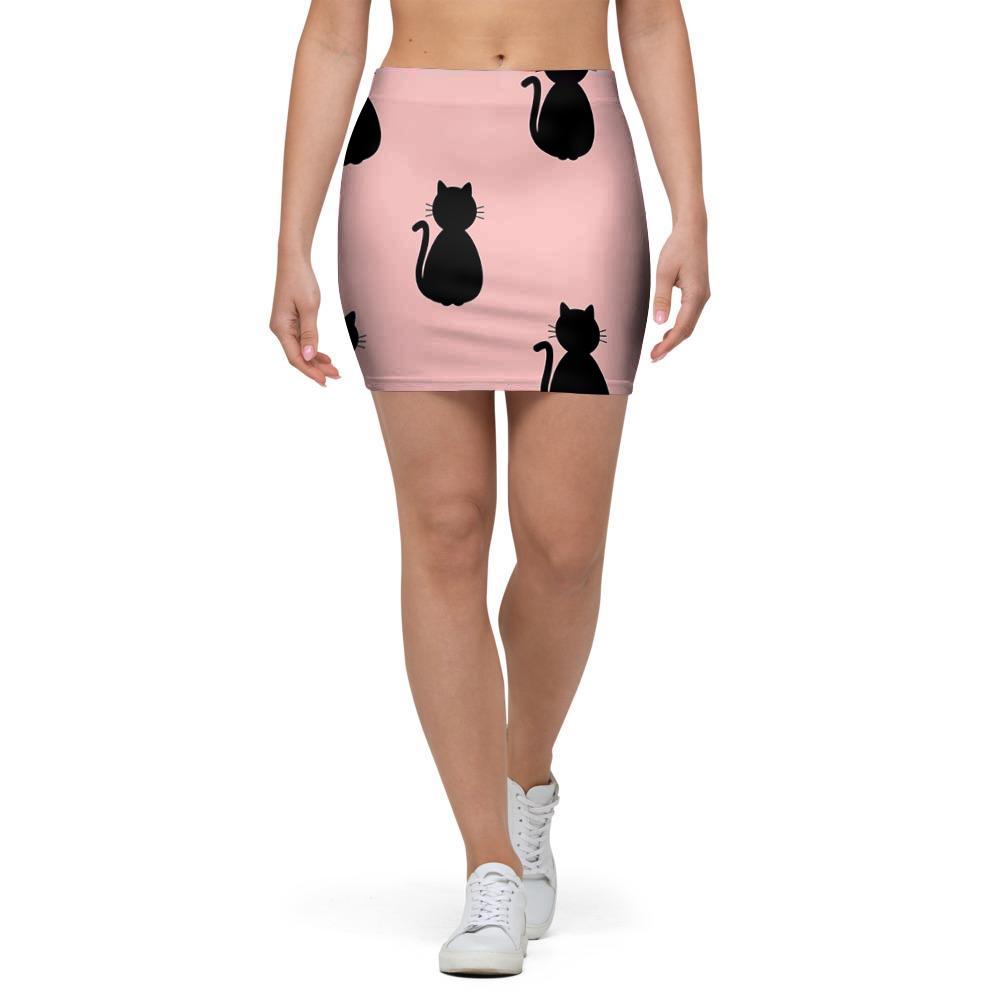 Pink Silhouette Cat Print Mini Skirt-grizzshop