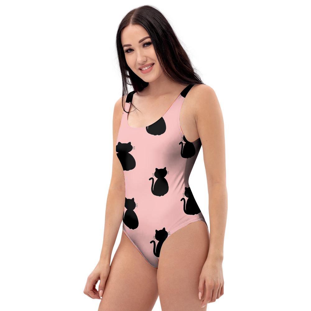 Pink Silhouette Cat Print One Piece Swimsuite-grizzshop