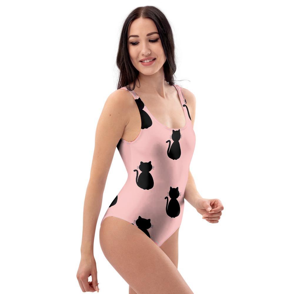 Pink Silhouette Cat Print One Piece Swimsuite-grizzshop