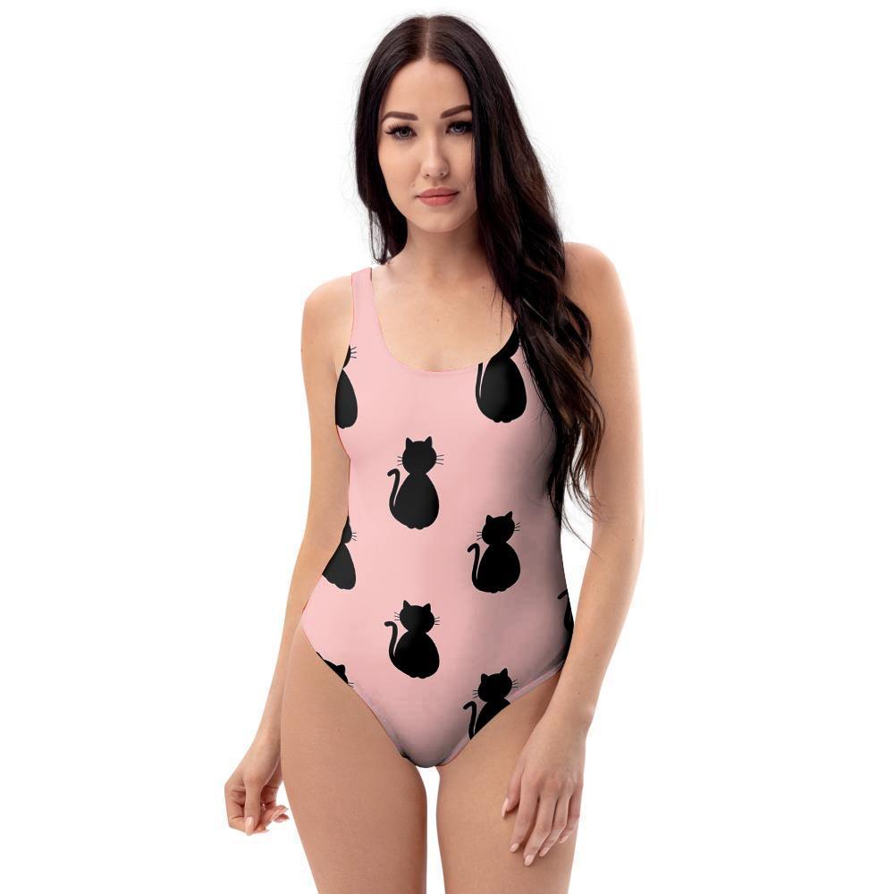 Pink Silhouette Cat Print One Piece Swimsuite-grizzshop