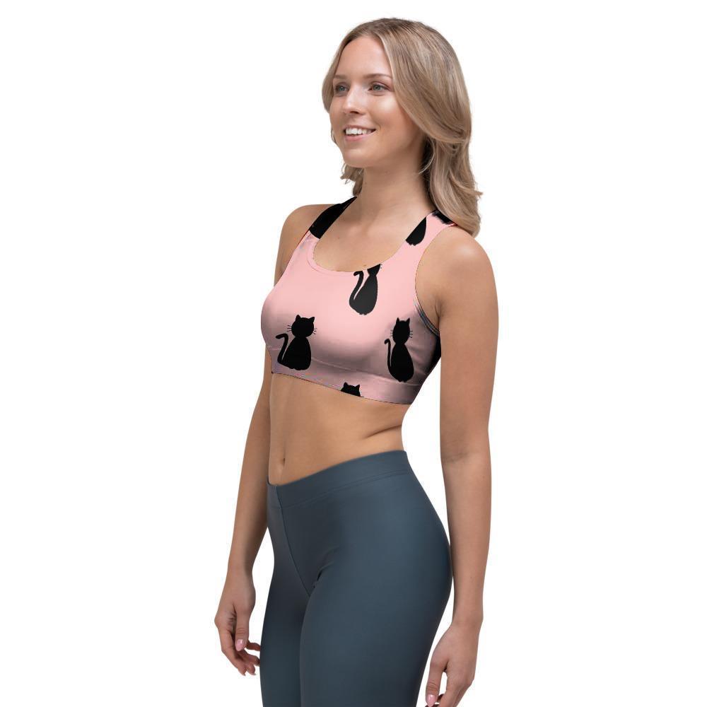 Pink Silhouette Cat Print Sports Bra-grizzshop