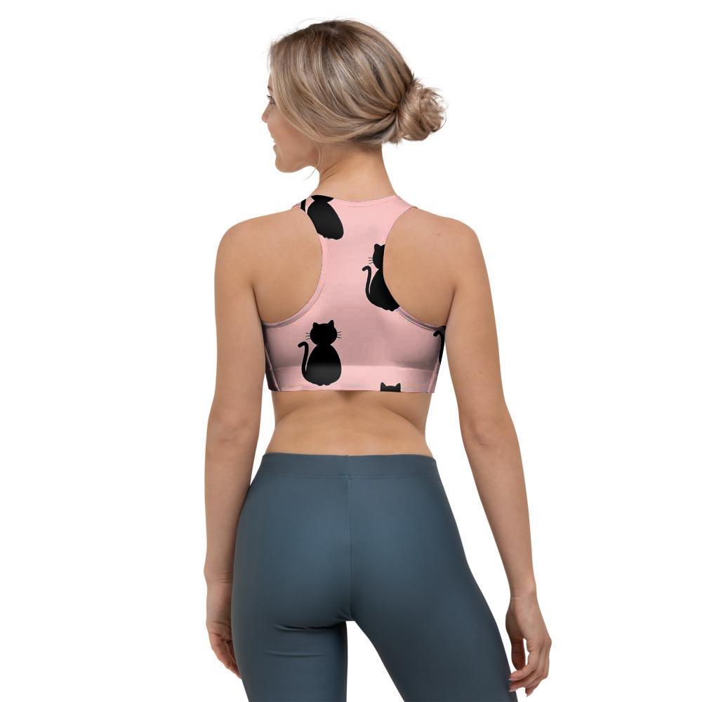 Pink Silhouette Cat Print Sports Bra-grizzshop