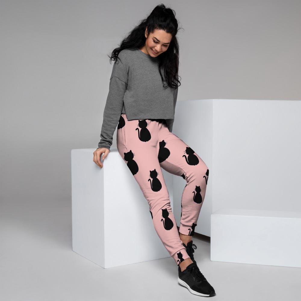 Pink Silhouette Cat Print Women's Joggers-grizzshop