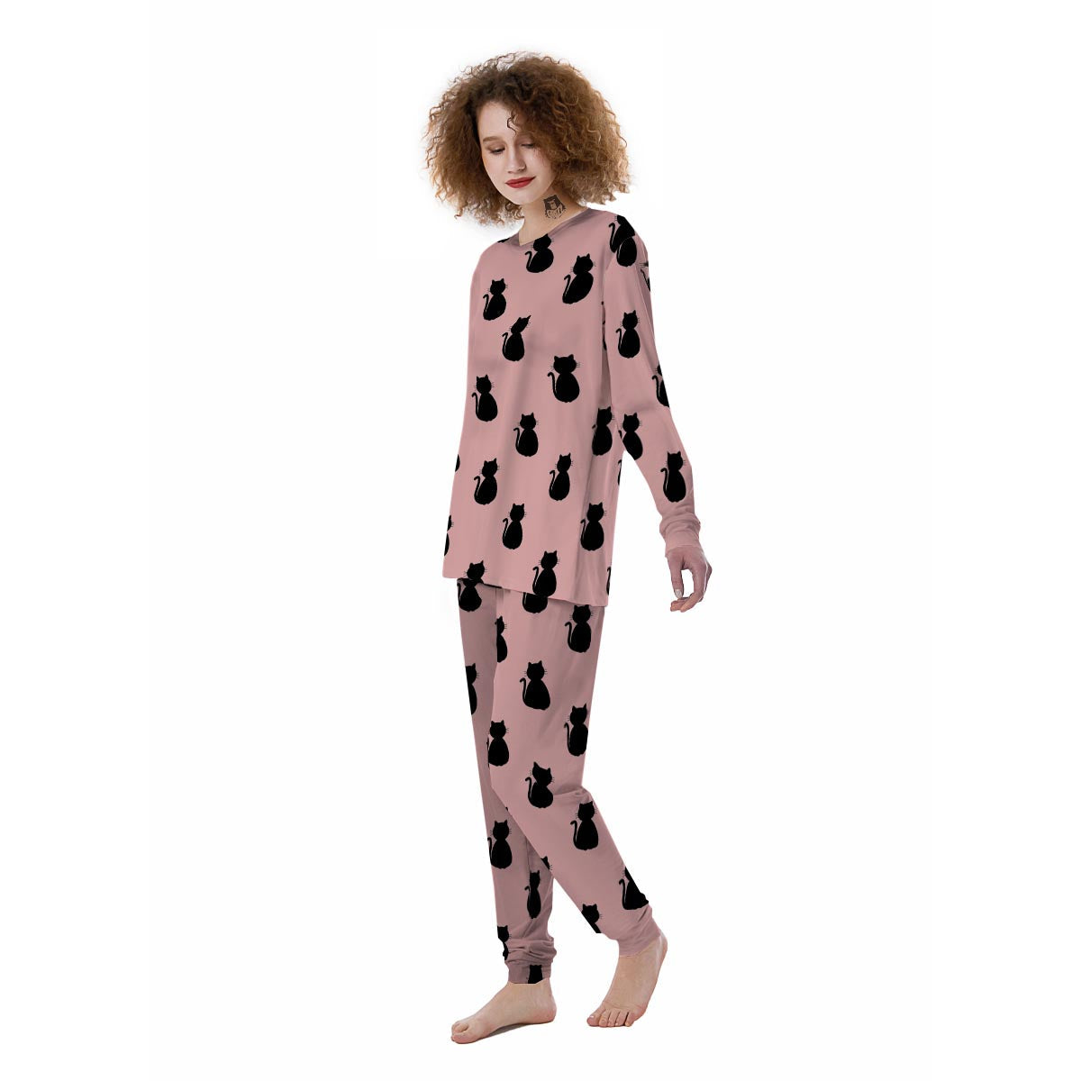 Pink Silhouette Cat Print Women's Pajamas-grizzshop