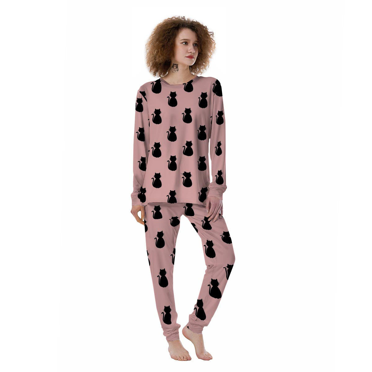 Pink Silhouette Cat Print Women's Pajamas-grizzshop