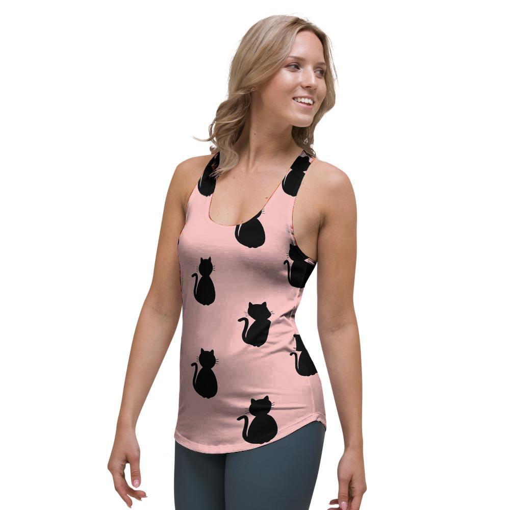 Pink Silhouette Cat Print Women's Racerback Tank Top-grizzshop