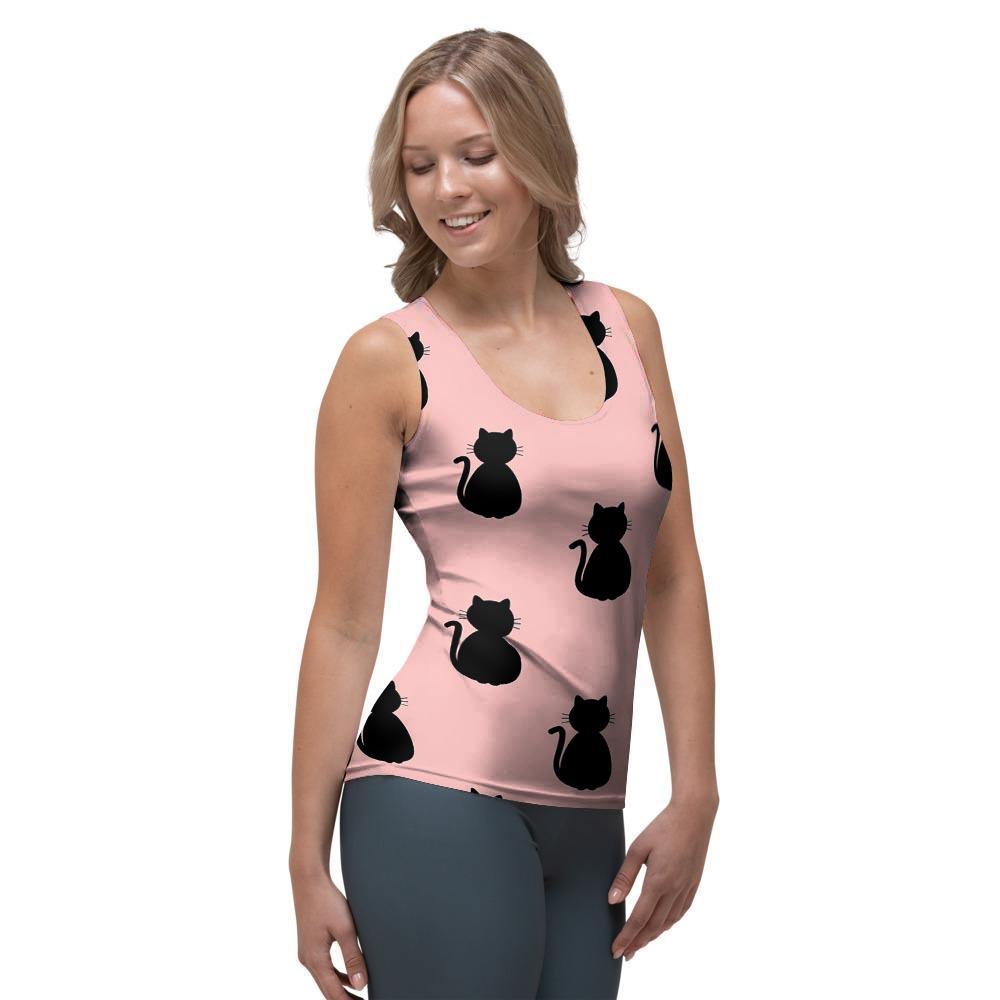 Pink Silhouette Cat Print Women's Tank Top-grizzshop