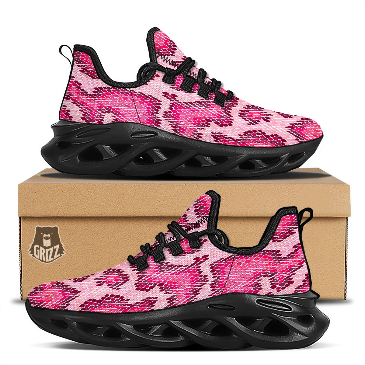 Pink Snakeskin Print Black Running Shoes-grizzshop