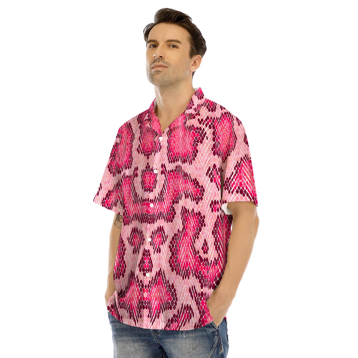 Pink Snakeskin Print Men’s Hawaiian Shirt-grizzshop