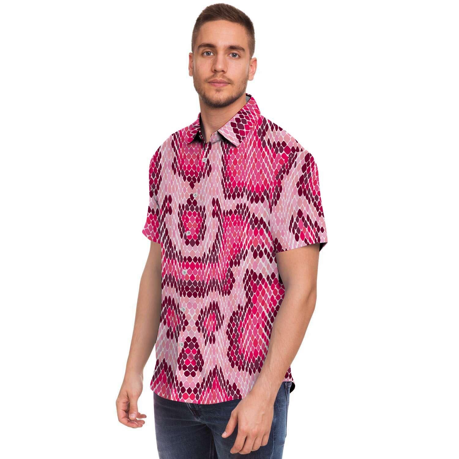 Pink Snakeskin Print Men's Short Sleeve Shirt-grizzshop