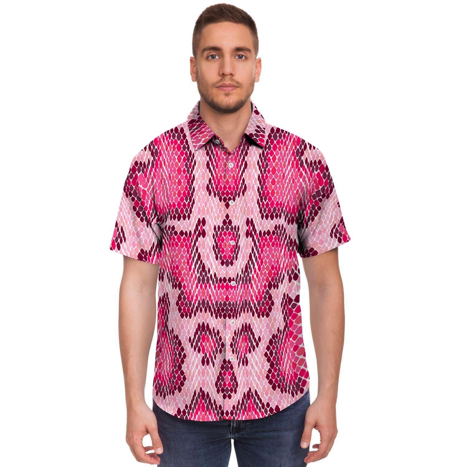 Pink Snakeskin Print Men's Short Sleeve Shirt-grizzshop