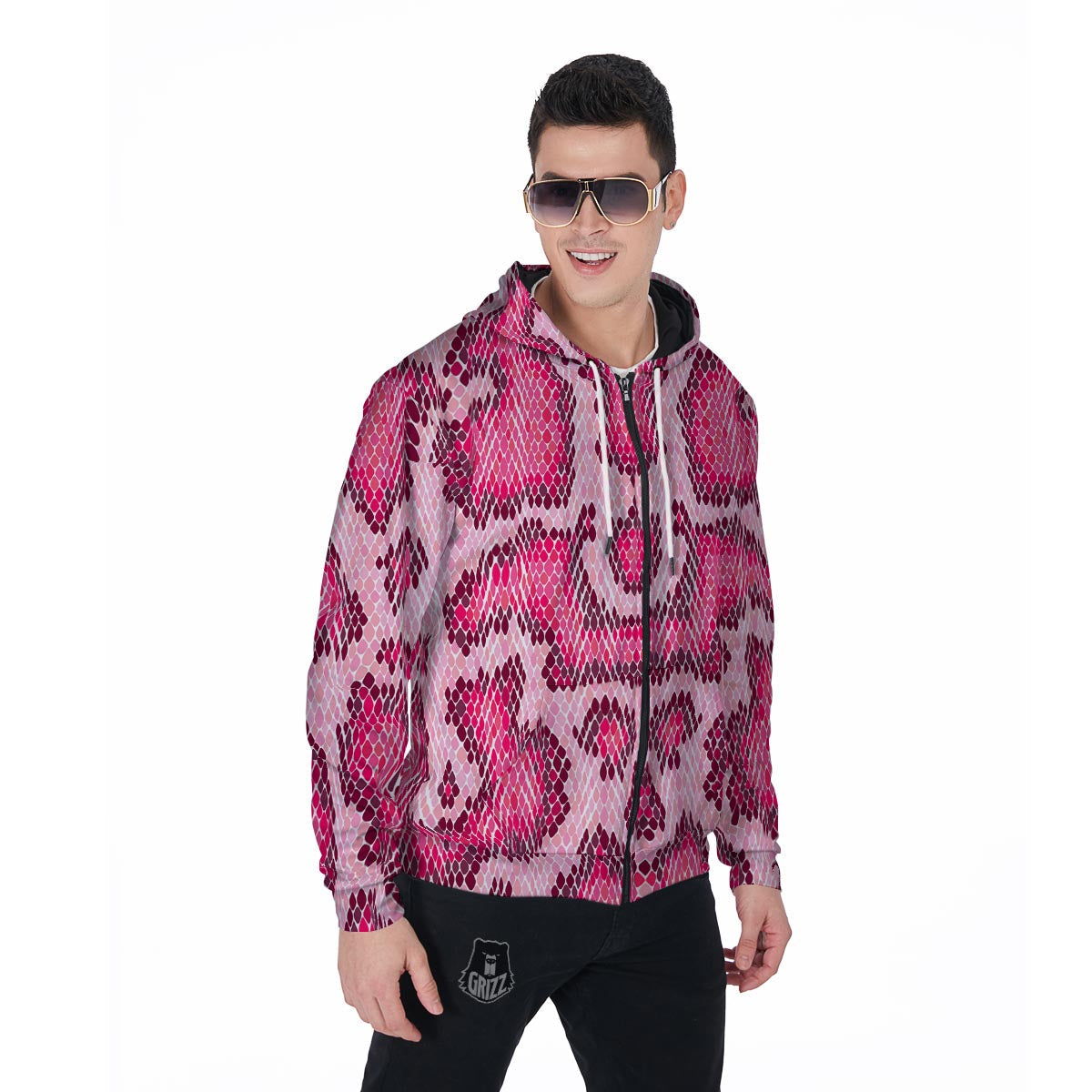 Pink Snakeskin Print Men's Zip Up Hoodie-grizzshop