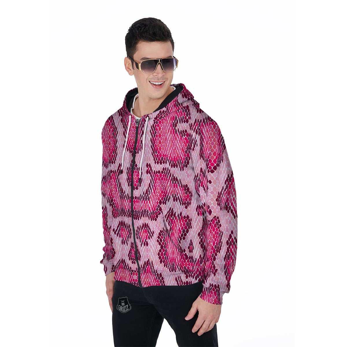 Pink Snakeskin Print Men's Zip Up Hoodie-grizzshop