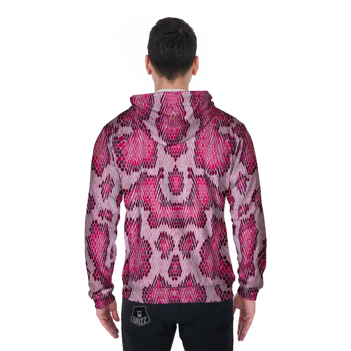 Pink Snakeskin Print Men's Zip Up Hoodie-grizzshop