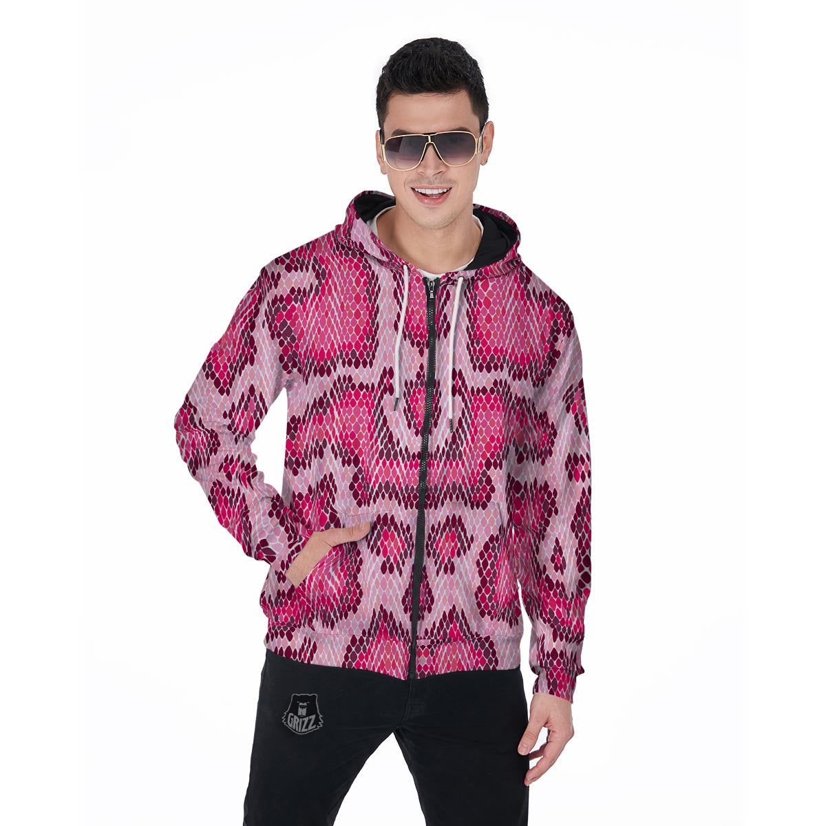 Pink Snakeskin Print Men's Zip Up Hoodie-grizzshop