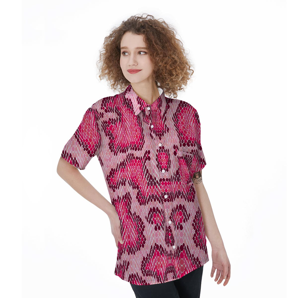 Pink Snakeskin Print Women's Short Sleeve Shirts-grizzshop