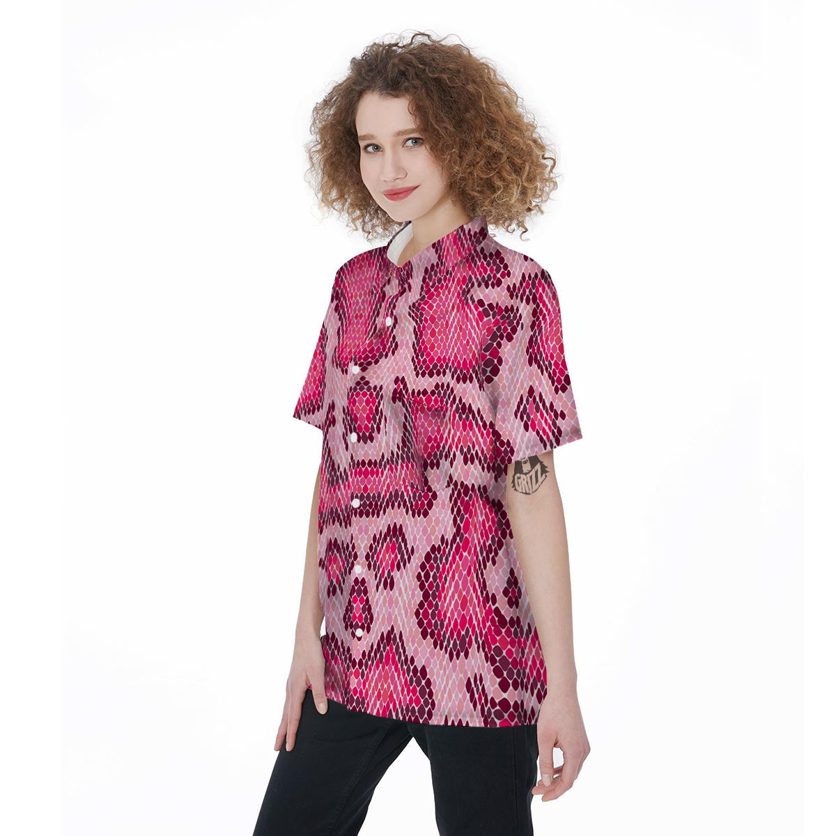 Pink Snakeskin Print Women's Short Sleeve Shirts-grizzshop
