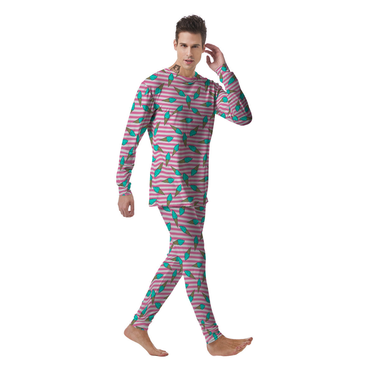 Pink Striped Ice Creams Print Pattern Men's Pajamas-grizzshop