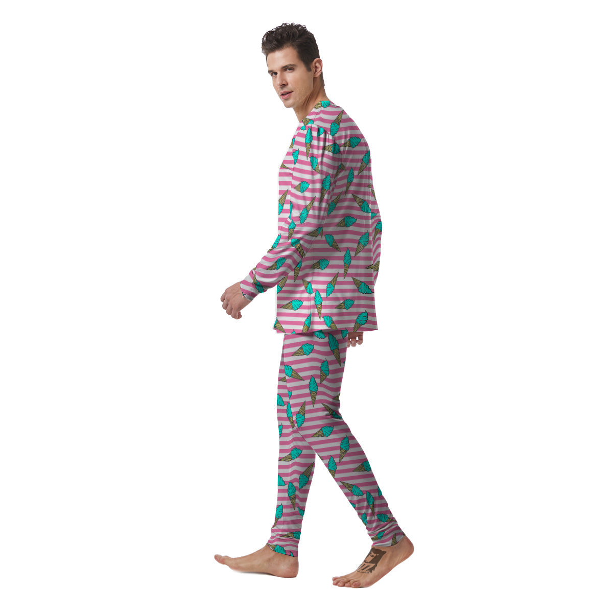 Pink Striped Ice Creams Print Pattern Men's Pajamas-grizzshop