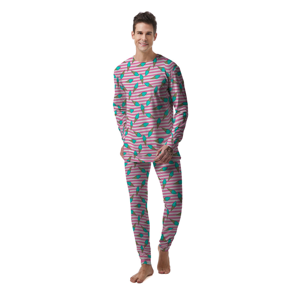 Pink Striped Ice Creams Print Pattern Men's Pajamas-grizzshop