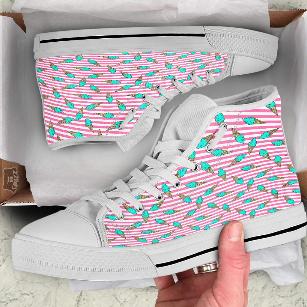 Pink Striped Ice Creams Print Pattern White High Top Shoes-grizzshop