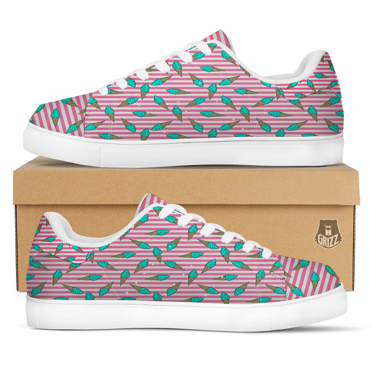 Pink Striped Ice Creams Print Pattern White Low Top Sneakers-grizzshop