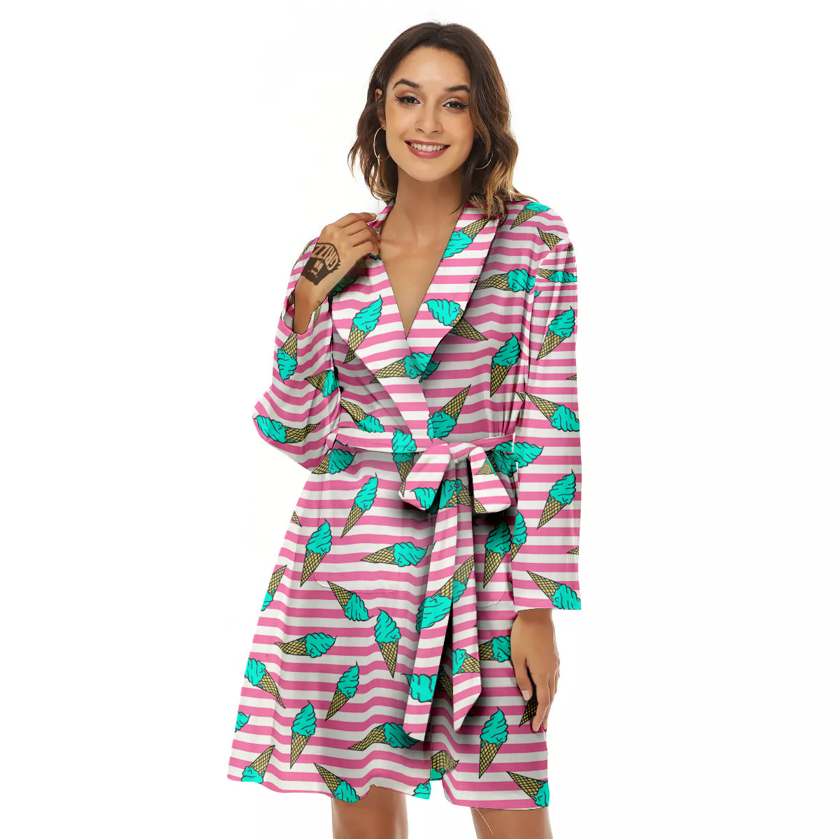 Pink Striped Ice Creams Print Pattern Women's Robe-grizzshop