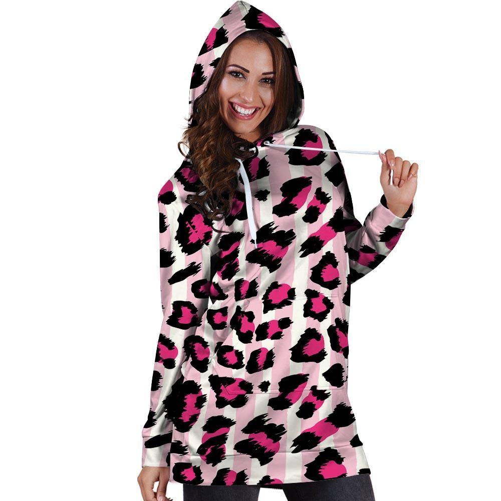 Pink Striped Leopard Hoodie Dress-grizzshop