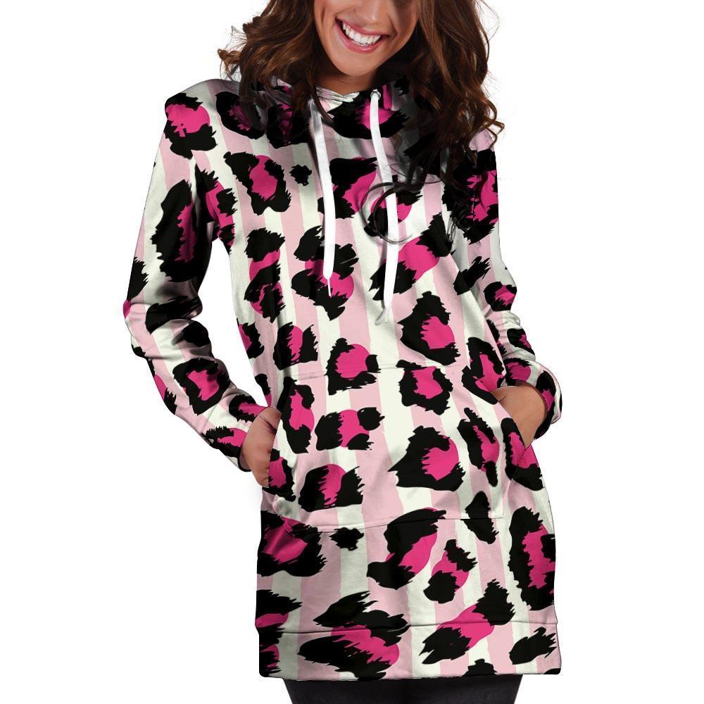 Pink Striped Leopard Hoodie Dress-grizzshop