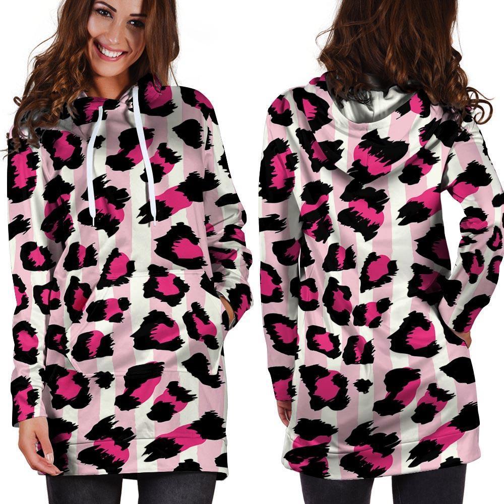 Pink Striped Leopard Hoodie Dress-grizzshop