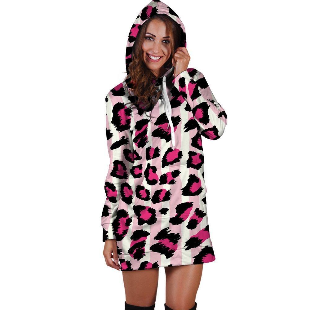 Pink Striped Leopard Hoodie Dress-grizzshop