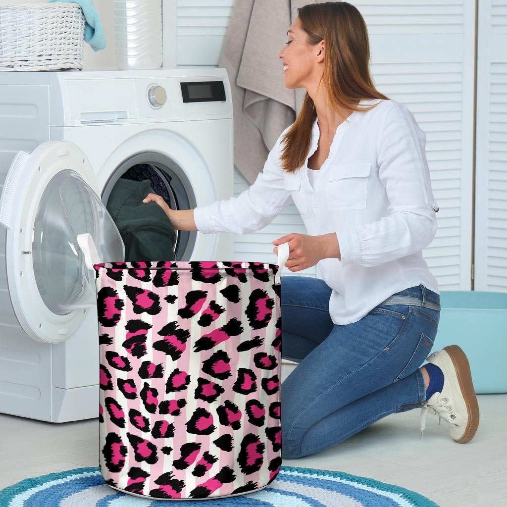 Pink Striped Leopard Laundry Basket-grizzshop