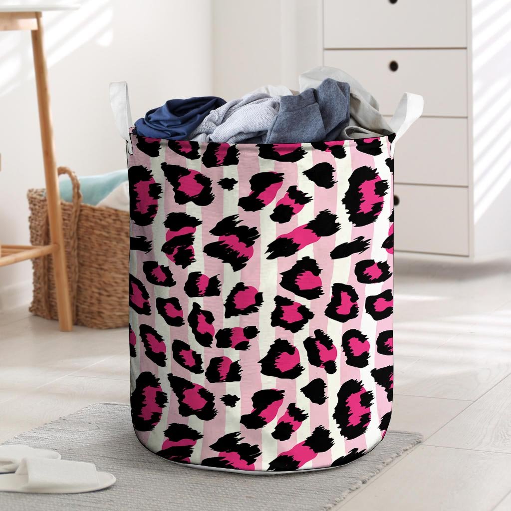 Pink Striped Leopard Laundry Basket-grizzshop