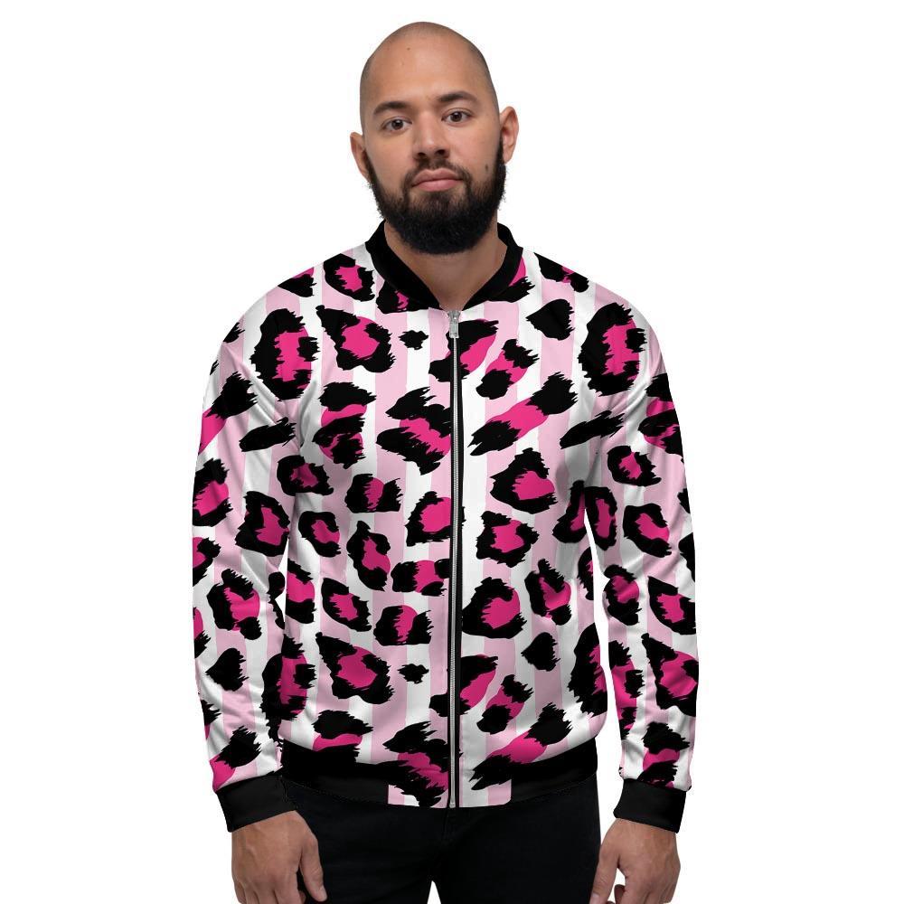 Pink Striped Leopard Men's Bomber Jacket-grizzshop