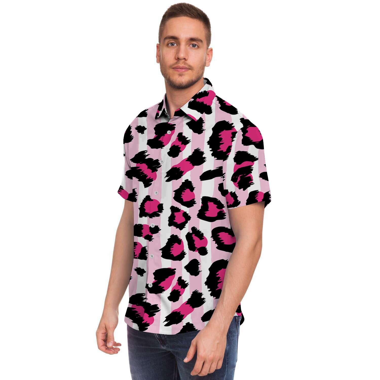 Pink Striped Leopard Men's Short Sleeve Shirt-grizzshop