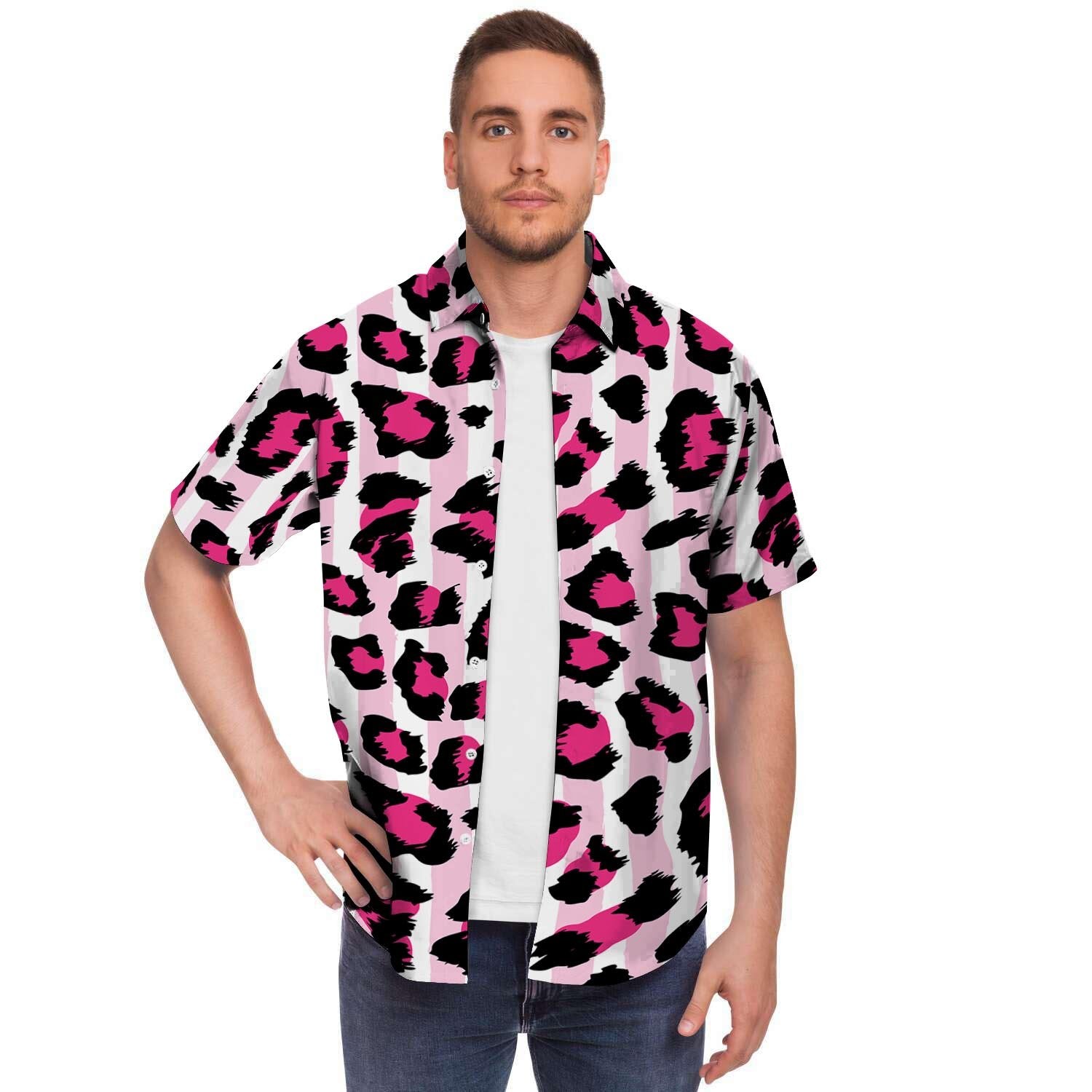 Pink Striped Leopard Men's Short Sleeve Shirt-grizzshop