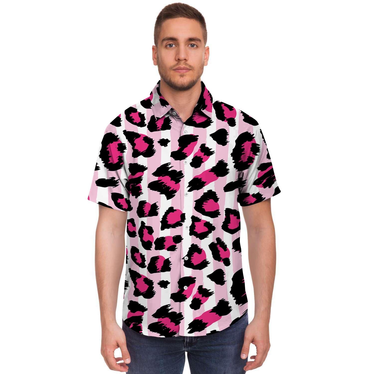Pink Striped Leopard Men's Short Sleeve Shirt-grizzshop