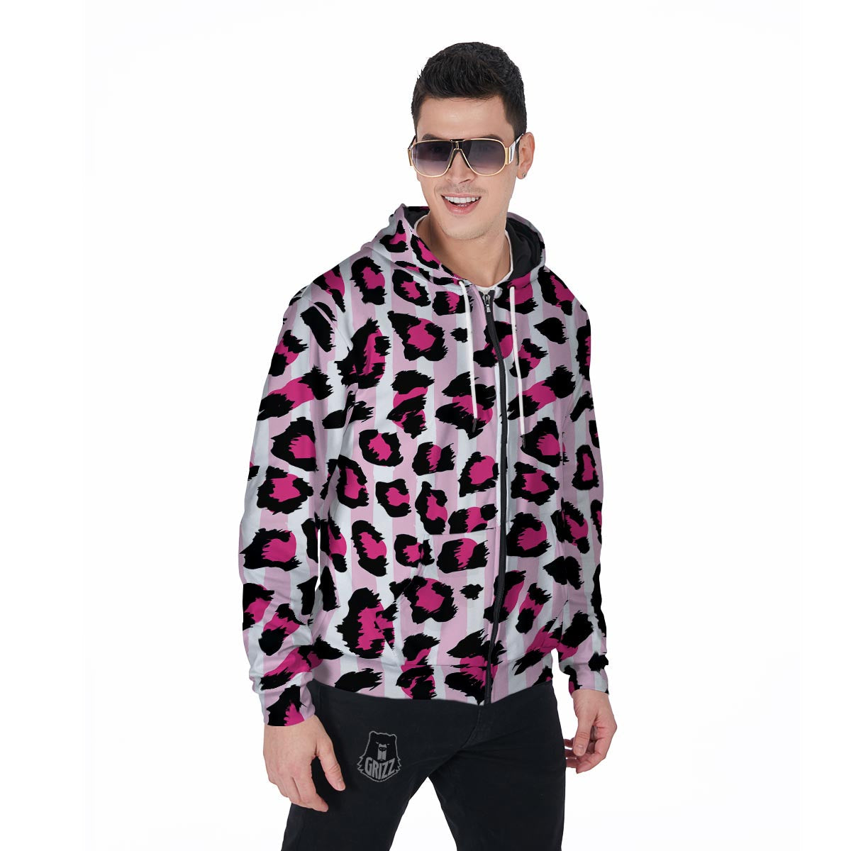 Pink Striped Leopard Men's Zip Up Hoodie-grizzshop