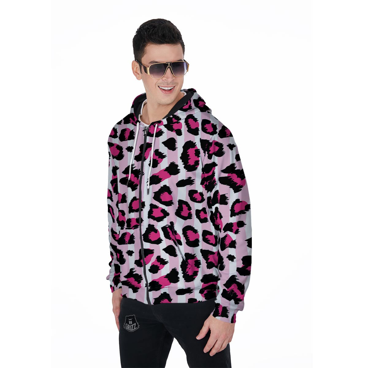 Pink Striped Leopard Men's Zip Up Hoodie-grizzshop