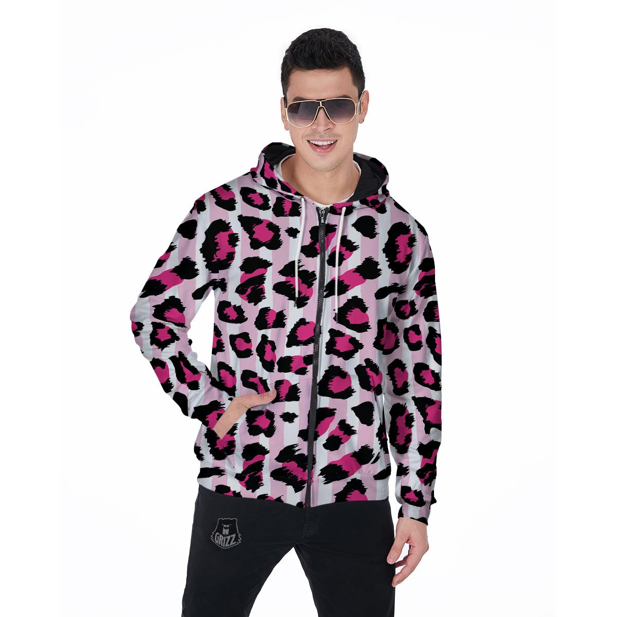 Pink Striped Leopard Men's Zip Up Hoodie-grizzshop