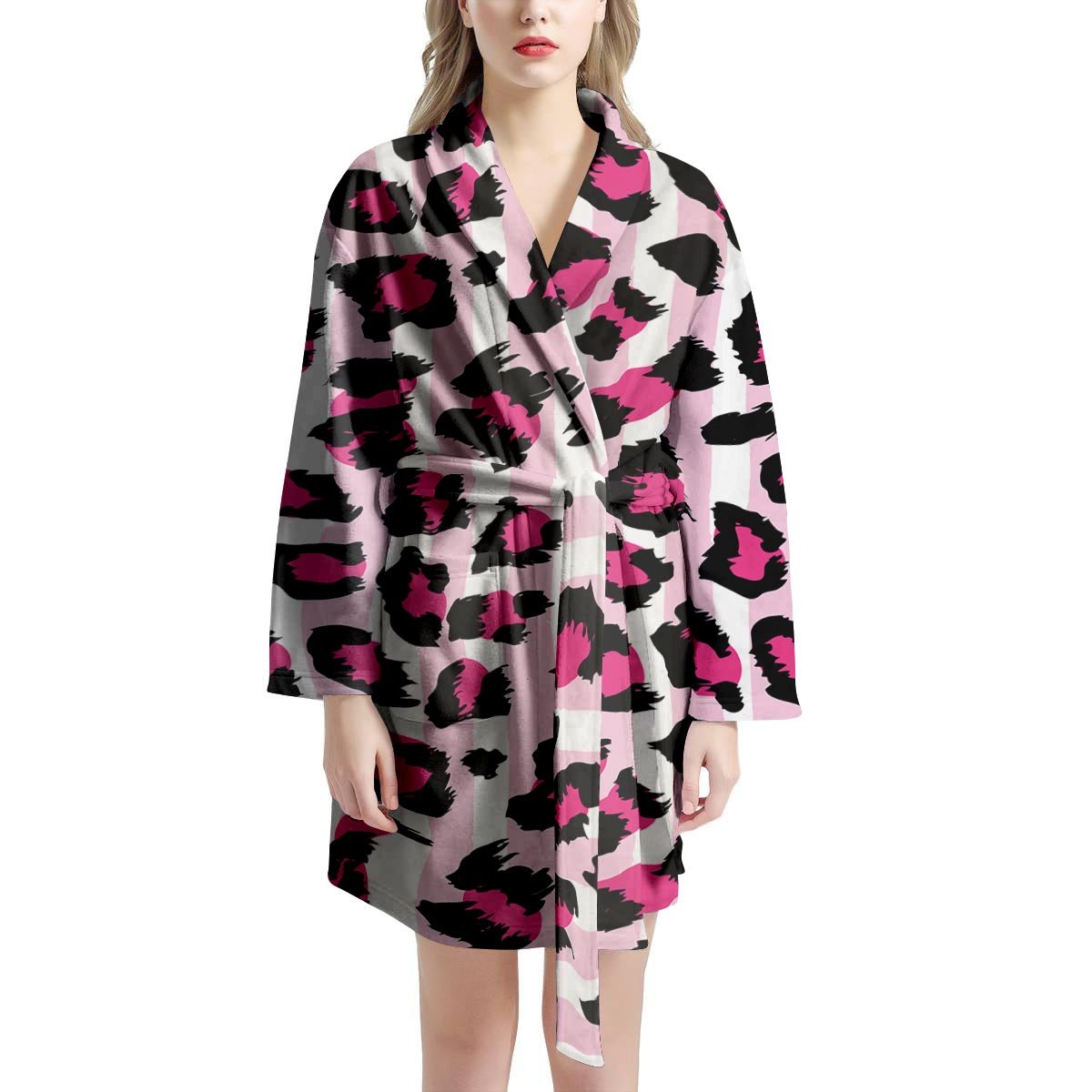 Pink Striped Leopard Women's Robe-grizzshop