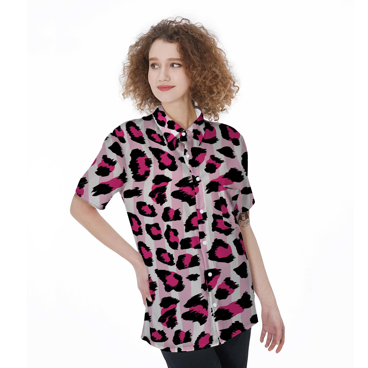 Pink Striped Leopard Women's Short Sleeve Shirts-grizzshop