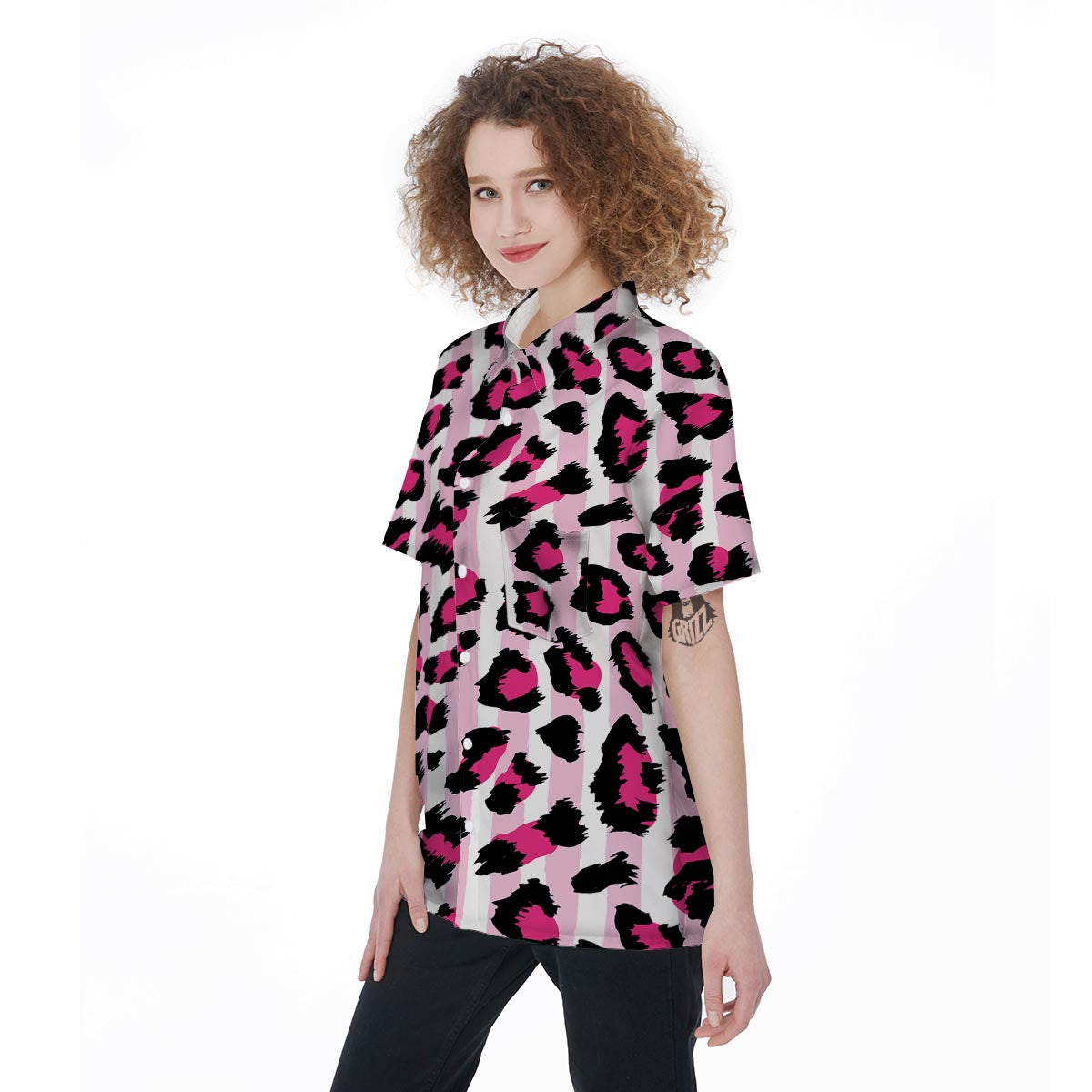Pink Striped Leopard Women's Short Sleeve Shirts-grizzshop
