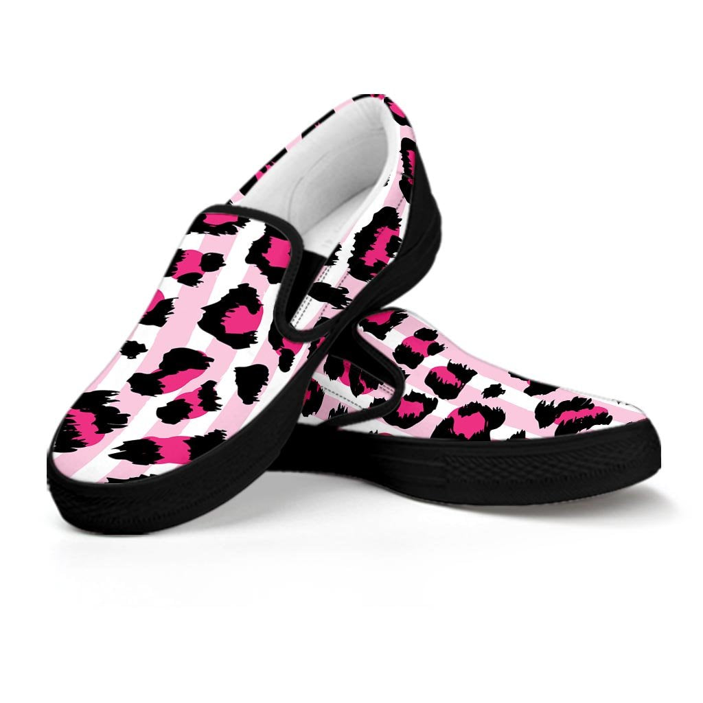 Pink Striped Leopard Women's Slip On Sneakers-grizzshop